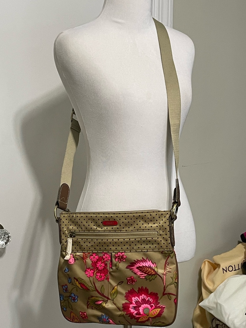 New- Floral Crossbody Shoulder Bag in Olive with Pink Accents